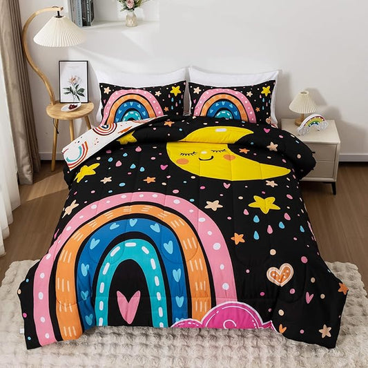 Btargot Lightweight Soft 3 Piece Rainbow Comforter Set with 2 Pillow Covers, Cartoon Love Hearts Flowers and Sun Moon Star Bedding Set for Girls Boys Kids, Full Black