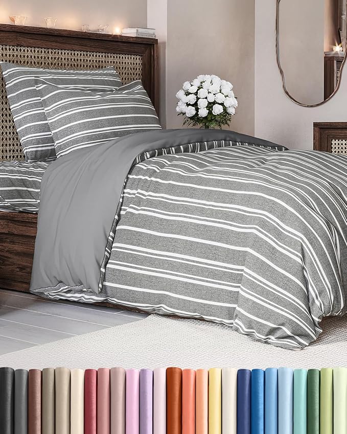 Duvet Cover Twin/Twin XL Size Set - Extra Soft Twin/Twin XL Duvet Cover 68" x 90" with 1 Pillow Sham - Hotel Luxury, Easy Care, Fade Free w/ Zipper Closures & Ties - Comfy & Breathable (Grey Stripes)