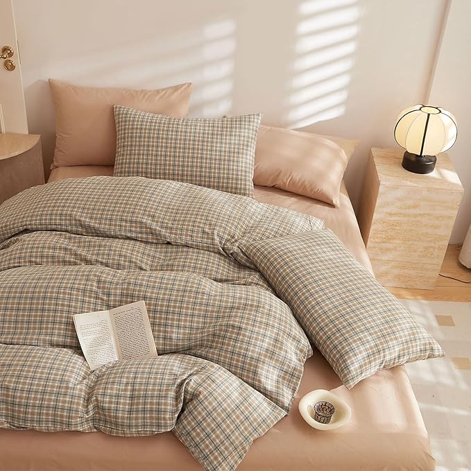 EAVD Retro Grid Plaid Gingham Duvet Cover Full Soft 100% Washed Cotton Like Linen Feel Soft 3-Piece Khaki Brown Grid Checkered Bedding Set Vintage Plaid Duvet Cover with Zipper Closure