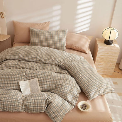 EAVD Retro Tan Gingham Duvet Cover Twin Khaki Brown Grid Plaid Bedding Set Soft 100% Washed Cotton Like Linen Feel Soft 3-Piece Brown Vintage Checkered Plaid Duvet Cover with Zipper Closure