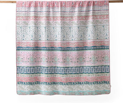 HORIMOTE HOME Boho Style Queen Quilt Set Pink Bohemian Floral Strip Quilt Beddding Set, Soft and Lightweight Bedspread for All Season, Full Size Bed Coverlet with 2 Matching Pillow Shams (3 Pieces)