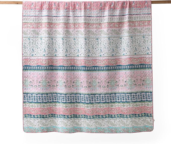 HORIMOTE HOME Boho Style Twin Size Quilt Set Pink Bohemian Floral Strip Quilt Beddding Set, Soft and Lightweight Bedspread for All Season,XL Twin Bed Coverlet with 1 Matching Pillow Sham (2 Pieces)