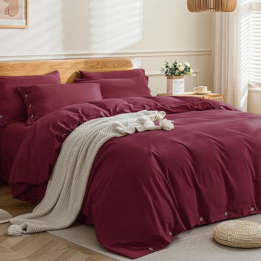 JELLYMONI Cotton Duvet Cover Full Size - Burgundy Comforter Cover with Button 100% Washed Cotton 3PCS Breathable Soft Solid Bedding Set Duvet Cover 80×90in & 2 Pillowcases (NO Comforter)
