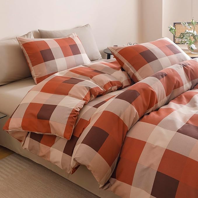 CLOTHKNOW Rust Khaki Plaid King Size Comforter Set Gingham Bedding Comforter Sets Geometric Comforter King with 2 x Pillow Cases