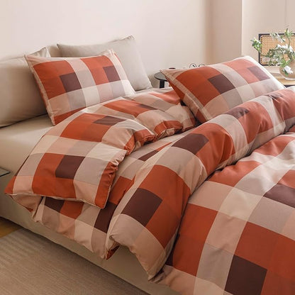 CLOTHKNOW Rust Khaki Plaid King Size Comforter Set Gingham Bedding Comforter Sets Geometric Comforter King with 2 x Pillow Cases