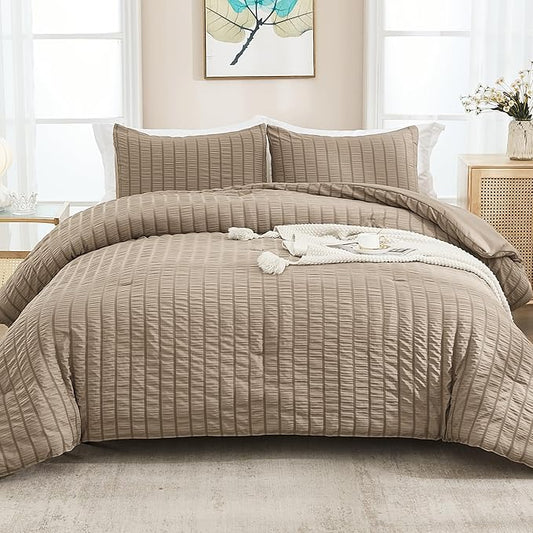 AveLom Taupe Seersucker California King Comforter Set (104x96 inches), 3 Pieces-100% Soft Washed Microfiber Lightweight Comforter with 2 Pillowcases, All Season Down Alternative Bedding Set