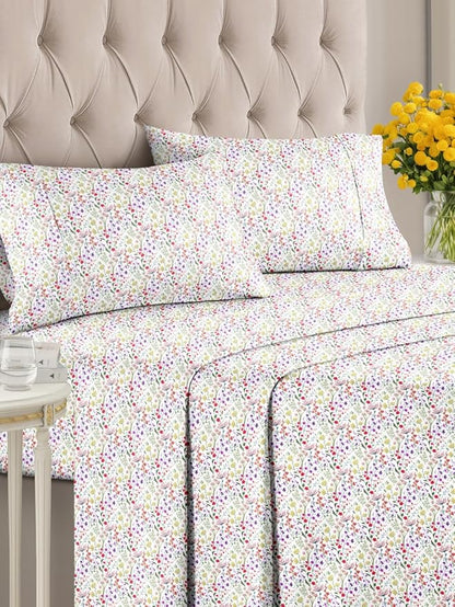 Floral Sheets - Flower Print Bed Sheet Set - 1 Flat, 1 Fitted & 2 Pillowcases w/ Deep Pockets - Comfy, Wrinkle & Fade Free - Boho Botanical Bedding - Soft, Breathable and Cooling - Cal King Size Set