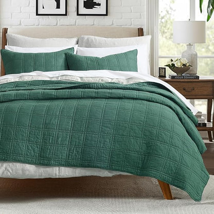 HORIMOTE HOME 100% Cotton Quilt Set King Size, Dark Green Pre-Washed Bedspreads Coverlet Set in Geometric Pattern, Cozy Lightweight Stitching Decorative Bedding Cover with 2 Shams for All Season