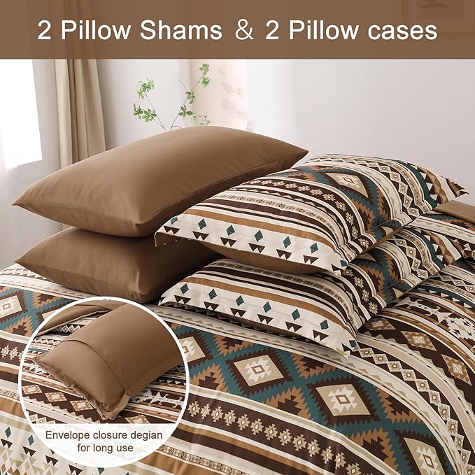 Dinjoy Boho King Size Bed in A Bag 7 Pieces,Brown/Coffee Comforter Set Aztec Striped Fall Bedding Set Bohemian Patchwork Complete Set Geometric Pattern Comforters for Women Men 90"×104"