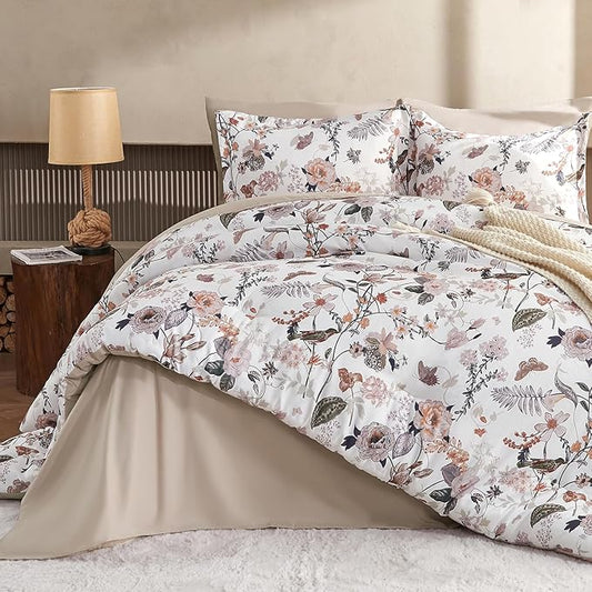 7 Piece King Comforter Set, Dusty Pink Butterfly Floral Comforter Set with Flowers Leaves Pattern, Soft Microfiber Complete Bedding Set for All Season(Dusty Pink, King)