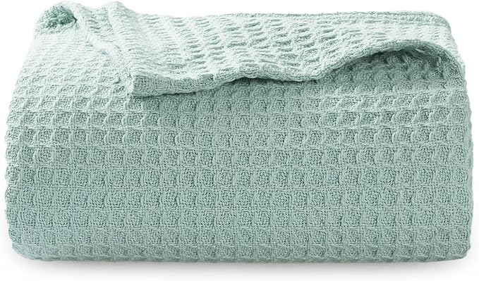 Bedsure Gentlesoft 100% Cotton Blanket Twin XL Size for College Dorm - Cooling Breathable and Soft for Spring Summer, Waffle Weave Twin Blanket for Bed, Dorm Room Essentials, Mint, 66x90 inches