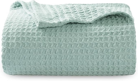 Bedsure Gentlesoft 100% Cotton Blanket Twin XL Size for College Dorm - Cooling Breathable and Soft for Spring Summer, Waffle Weave Twin Blanket for Bed, Dorm Room Essentials, Mint, 66x90 inches