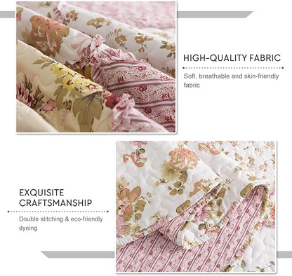 Travan 3-Piece Quilt Set Quilted Bedspread Lightweight Coverlet Set Garden Style Floral Printed Oversized Quilted Bedding Set with Shams for All Season, Exquisite, Queen Size