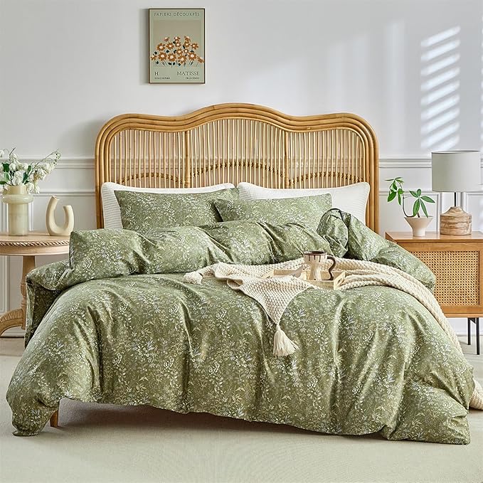 mixinni 3 Pieces Duvet Covers King Size, 100% Cotton Comforter Cover Wildflower Printed on Army Green Floral Bedding Set with Zipper Closure 4 Ties (1 Duvet Cover 104"x90", 2 Pillow Cases 20"x36")