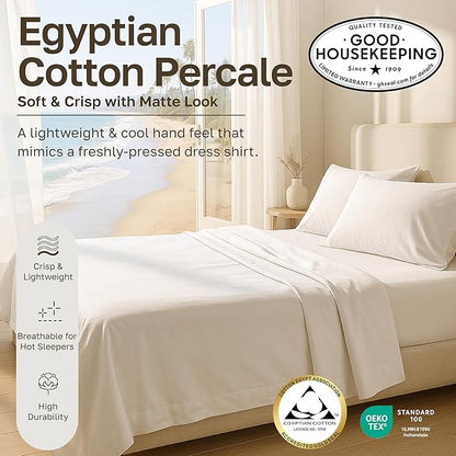 California Design Den Certified 100% Egyptian Cotton Sheets King Size Deep Pocket Set - King Percale Sheet Set with Deep Pockets, Lightweight, Crisp, Durable Luxury Bedding - White