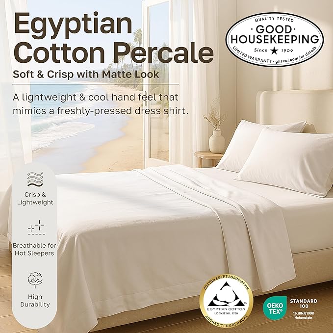 California Design Den Deep Pocket California King Sheet Set - Certified 100% Egyptian Cotton Bed Sheets, Lightweight & Crisp Percale, Durable Luxury Bedding Set - White
