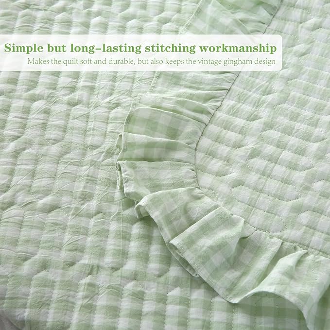 Pile Green White Ruffle Gingham Quilt Set Queen Size with Pillow Shams, 100% Washed Cotton Yarn-Dyed Quilted Bedspread Bedding Set (Pile Green, Queen)