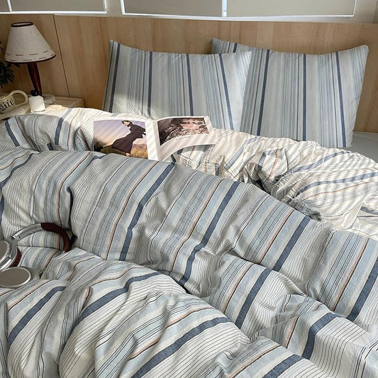 EAVD Modern Style Striped Duvet Cover Full 100% Washed Cotton Colorful Wide and Pinstriped Bedding Duvet Cover Set with 2 Pillowcases Farmhouse Geometric Bedding Set with Zipper for All-Season