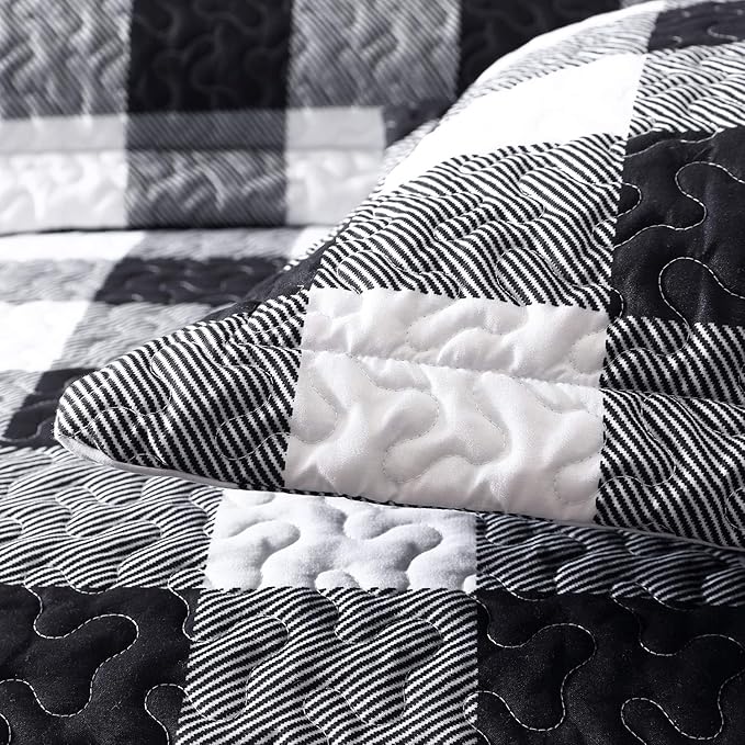 EXQ Home Quilt Set Full/Queen Size 3 Piece,Lightweight Microfiber Coverlet Modern Style Black and White Squares Pattern Bedspread Set(1 Quilt,2 Pillow Shams)