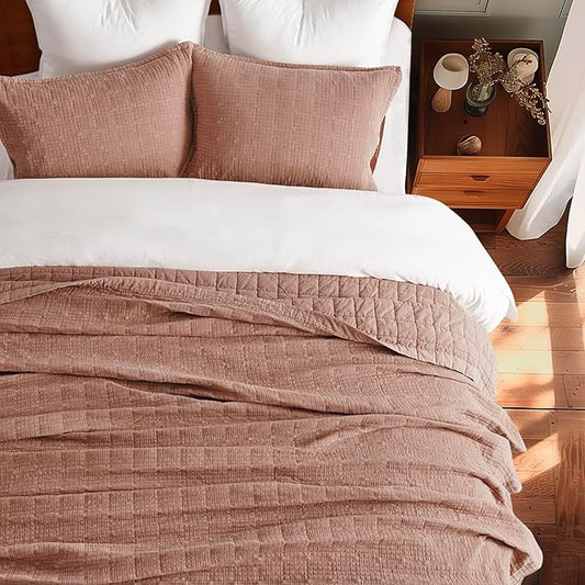 EVERGRACEHOME Stonewashed Cotton Quilt Set Full Queen Size, Ultra Soft Oversized Bedspread Coverlet Set, Lightweight Crinkle Box Stitch Bedding Sets for All Season, with 2 Shams, Terracotta Clay