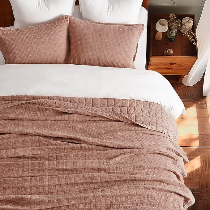 EVERGRACEHOME Stonewashed Cotton Quilt Set King Size, Ultra Soft Oversized Bedspread Coverlet Set, Lightweight Crinkle Box Stitch Bedding Sets for All Season, with 2 Shams, Terracotta Clay