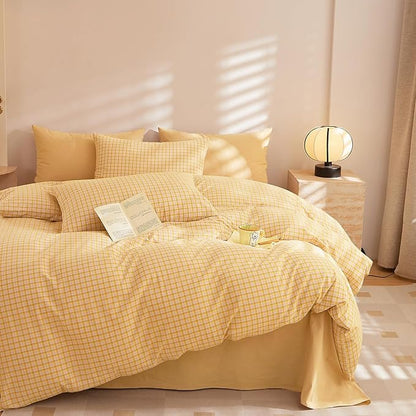 EAVD Yellow Plaid Comforter Set Queen Modern Gingham Comforter Set 3 Pieces Reversible Grid Plaid Bedding Set with 2 Pillowcases Farmhouse Gingham Bedding Set for All-Season