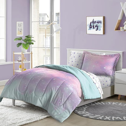 Dream Factory Kids 5-Piece Complete Bed Set Easy-Wash Super Soft Microfiber Comforter Bedding, Twin, Pink Twilight Galaxy Stars