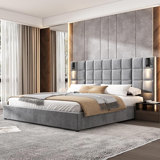 Merax California King Size Upholstered Velvet Bed Frame, with Wall Sconce and USB Port, Wide Headboard for Bedroom, (Without Bedside Tables & Mattress), Gray
