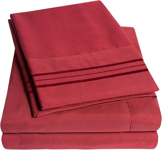 Supreme Collection Twin Sheet Sets - 3 Piece Bed Sheets and Pillowcase Set for Twin Mattress - Burgundy, Extra Soft, Elastic Corner Straps, Deep Pocket