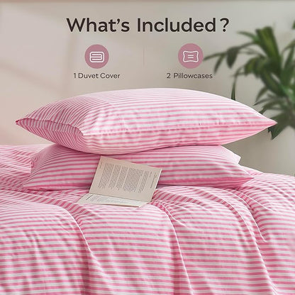 JELLYMONI King Duvet Cover Set, Cotton Duvet Cover 2 Pieces with Zipper Closure, 1 Duvet Cover and 2 Pillowcases(Pink with White Striped)