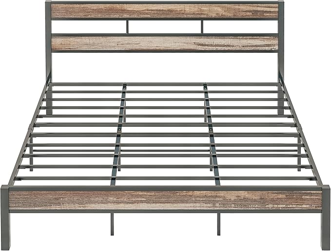 LIKIMIO California King Bed Frame wtih Headboard, Easy Assembly, Noise-Free, No Box Spring Needed, Heavy Strong Metal Support Frames, Rustic Brown
