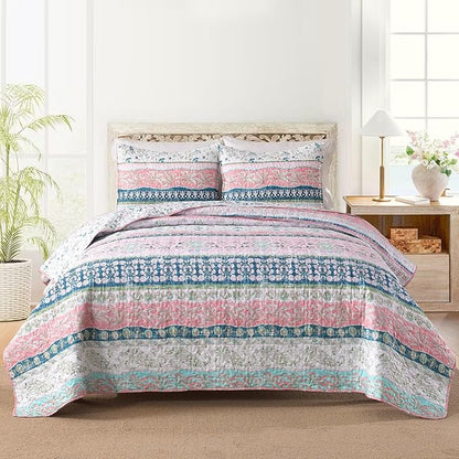 HORIMOTE HOME Boho Style Twin Size Quilt Set Pink Bohemian Floral Strip Quilt Beddding Set, Soft and Lightweight Bedspread for All Season,XL Twin Bed Coverlet with 1 Matching Pillow Sham (2 Pieces)