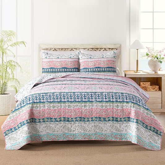 HORIMOTE HOME Boho Style Twin Size Quilt Set Pink Bohemian Floral Strip Quilt Beddding Set, Soft and Lightweight Bedspread for All Season,XL Twin Bed Coverlet with 1 Matching Pillow Sham (2 Pieces)