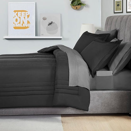 Full Size Comforter Set Quilted Stripe Bedding Bundle – Comforter, Mattress Protector, Sheets with Pockets on the Side & Built-in Corner Strap – Fitted Sheet Media Pocket for Devices, Black/Charcoal