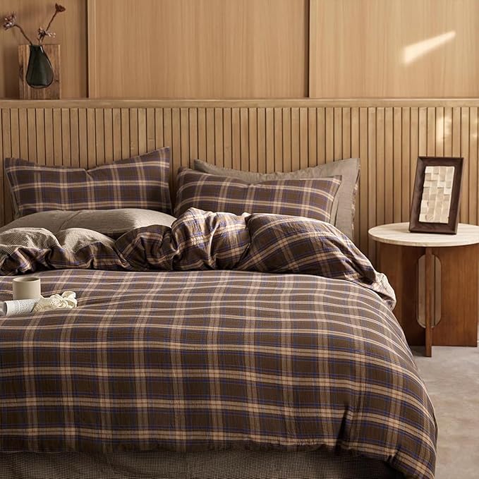 EAVD Vintage Style Brown&Blue Buffalo Plaid Duvet Cover Set Queen Soft 100% Cotton Muslin Blue Brown Grid Gingham Bedding Set with 2 Pillowcases Farmhouse Gingham Duvet Cover with Zipper Closure