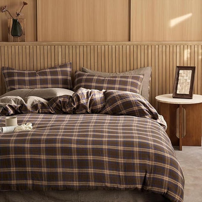 EAVD Vintage Style Brown&Blue Buffalo Plaid Duvet Cover Set Queen Soft 100% Cotton Muslin Blue Brown Grid Gingham Bedding Set with 2 Pillowcases Farmhouse Gingham Duvet Cover with Zipper Closure