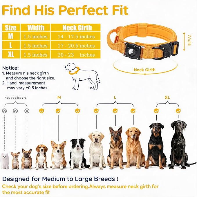 TAGHELP-AirTag Dog Collar with QR Code ID Tag, Tactical Military Reflective Adjustable Dog Collar with Holder Handle, for Large Medium Dogs, Durable Nylon with Metal Buckle (Yellow-M)
