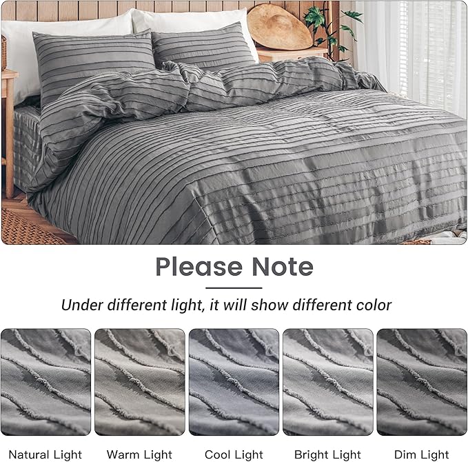 NEXHOME PRO Duvet Cover,Grey 3 Pieces Boho Tufted Duvet Cover Set, Soft and Lightweight 100% Washed Microfiber Comforter Cover Set for All Season(Grey Cal King, 104 x 98)-No Comforter