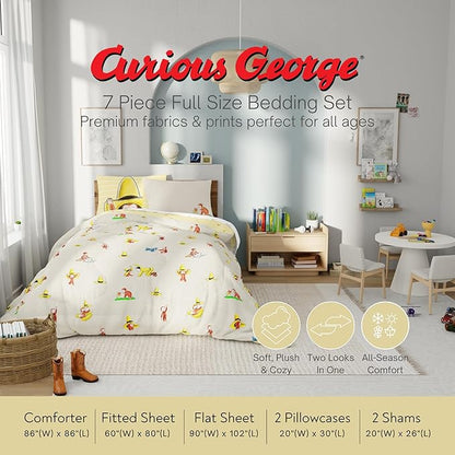 Curious George Bedding Set, Full Size 7 Piece Set Kids Super Soft Cozy Reversible Comforter and Sheet Set with Sham, (100% Officially Licensed Product) by Franco