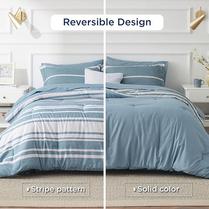Bedsure Queen Comforter Set 7 Pieces, Grey Blue Striped Bedding Set for All Seasons, Reversible, Cationic Dyeing Bed in a Bag with Comforter, Sheets, Pillowcases & Shams
