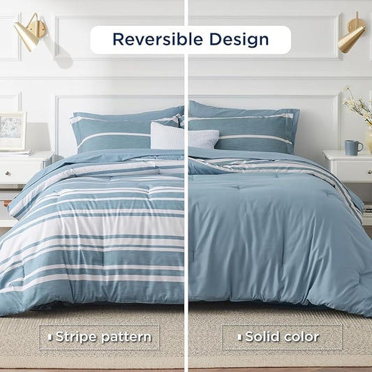 Bedsure Queen Comforter Set 7 Pieces, Grey Blue Striped Bedding Set for All Seasons, Reversible, Cationic Dyeing Bed in a Bag with Comforter, Sheets, Pillowcases & Shams