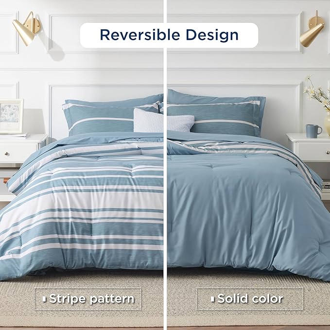 Bedsure Twin Comforter Set 5 Pieces, Grey Blue Striped Bedding Set for All Seasons, Reversible, Cationic Dyeing Bed in a Bag with Comforter, Sheets, Pillowcase & Sham