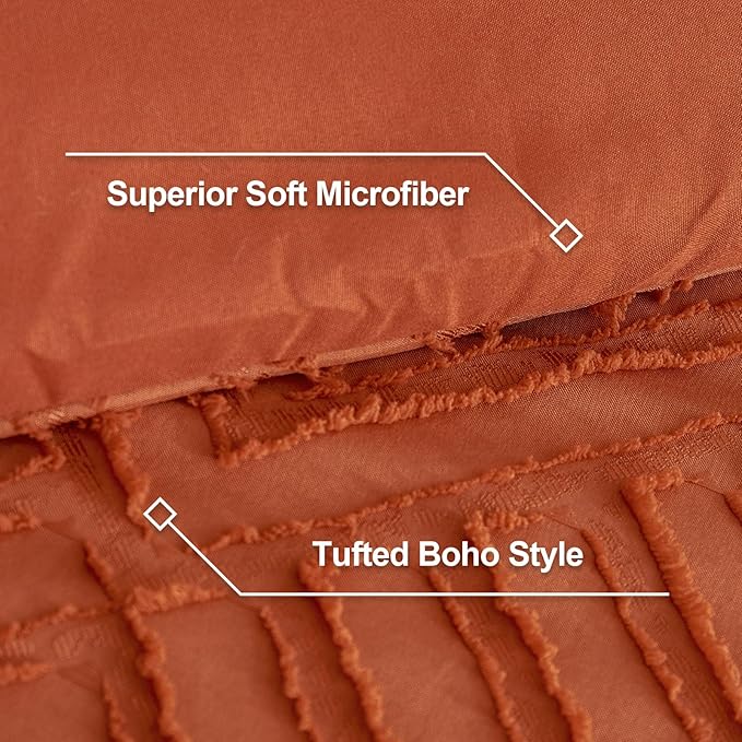 Litanika California King Comforter Set Burnt Orange, 3 Pieces Terracotta Tufted Boho Farmhouse Bedding Comforter Sets, Lightweight Fluffy All Season Comforter Set (104x96In Comforter & 2 Pillowcases)