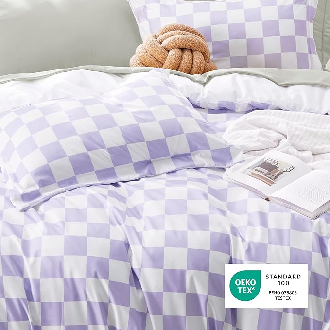 Bedsure Duvet Cover King Size - Reversible Checked Plaid Duvet Cover Set with Zipper Closure, 3 Pieces Purple Bedding Set with 8 Corner Ties and 2 Pillow Shams 20"x36"