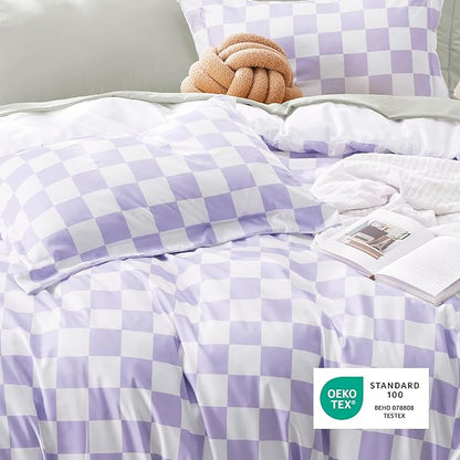 Bedsure Duvet Cover Twin Size - Reversible Checkered Duvet Cover Set with Zipper Closure, 2 Pieces Purple Bedding Set with 8 Corner Ties and 1 Pillow Sham 20"x26"