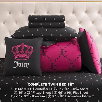 Juicy Couture Hot Pink/Black Link Logo Printed Comforter Set, Twin – Complete 6-Piece Bed in a Bag Collection