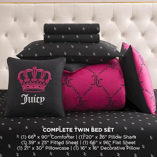 Juicy Couture Hot Pink/Black Link Logo Printed Comforter Set, Twin – Complete 6-Piece Bed in a Bag Collection
