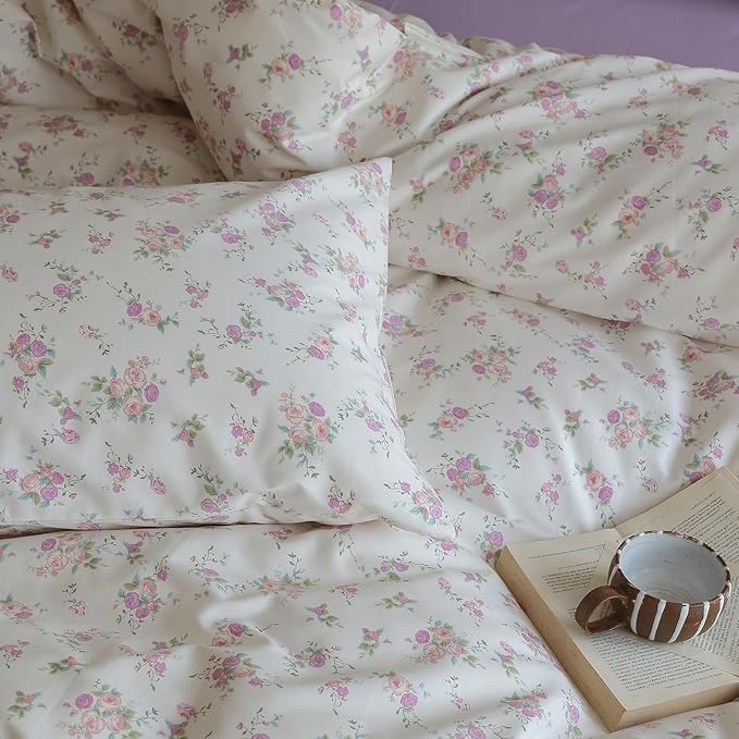HighBuy Garden Style King Size Comforter Set Lilac Floral Boho Bedding Comforter Sets Lightweight Aesthetic Bedding Set 3 Piece,1 Floral Comforter King Size Fluffy and 2 Pillowcases King