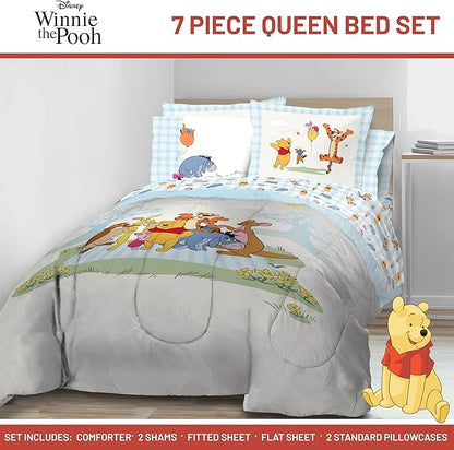 Jay Franco Kids Comforter Set Includes Sheets and Pillow Covers - Soft and Cozy Bed Set for Stylish Room Decor, Official Licensed Bedding, White - Winnie The Pooh, 7 Piece Queen