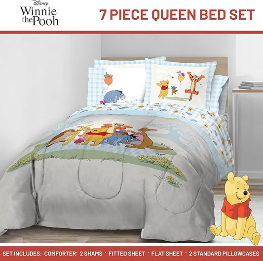 Jay Franco Kids Comforter Set Includes Sheets and Pillow Covers - Soft and Cozy Bed Set for Stylish Room Decor, Official Licensed Bedding, White - Winnie The Pooh, 7 Piece Queen